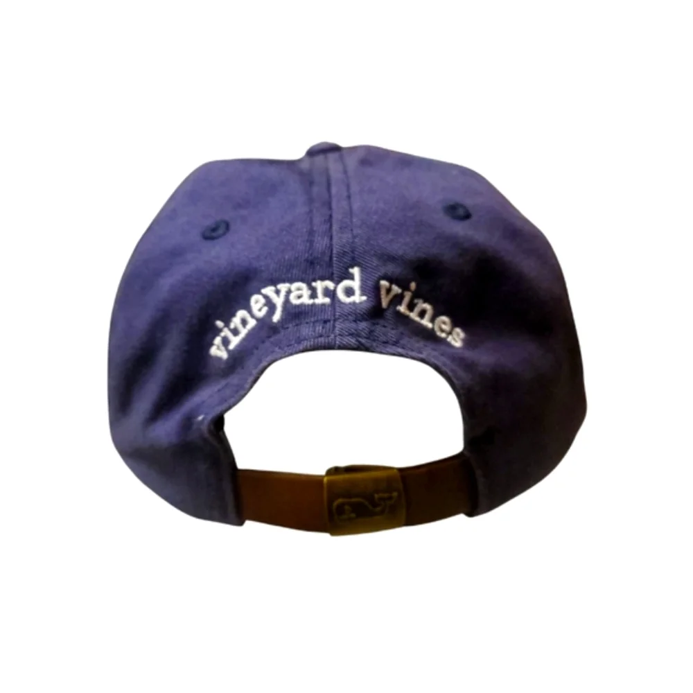 🔥VINEYARD VINES Navy Blue/Pink  Whale Logo Leather Strap Back Baseball Cap OS‎